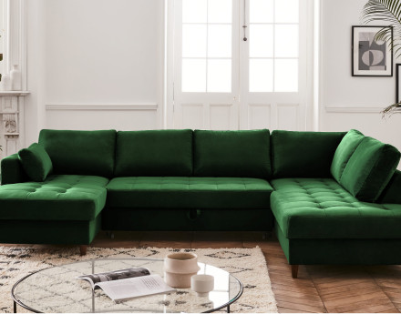 Canapé panoramique d'angle droit 7 places convertible avec coffre en velours Anna