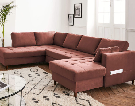 Canapé panoramique d'angle gauche 7 places convertible avec coffre en velours Anna