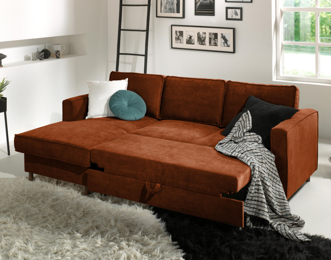 Canapé d'angle gauche convertible avec coffre 4 places en velours côtelé Jake