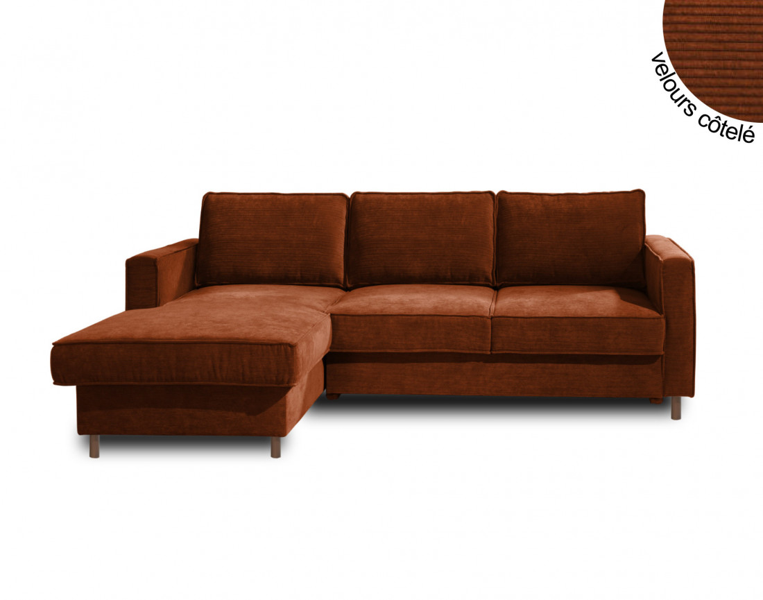 Canapé d'angle gauche convertible avec coffre 4 places en velours côtelé Jake