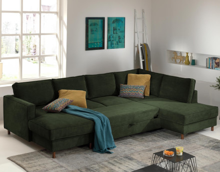 Canapé panoramique d'angle droit convertible avec coffre 7 places en velours côtelé Jake