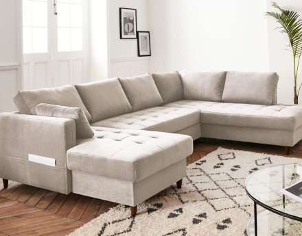 Canapé panoramique d'angle droit 7 places convertible avec coffre en velours Anna