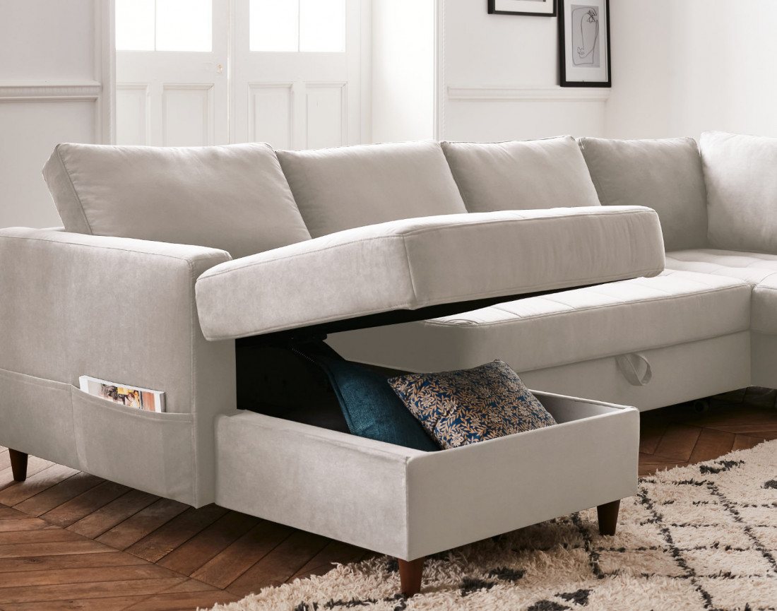 Canapé panoramique d'angle droit 7 places convertible avec coffre en velours Anna