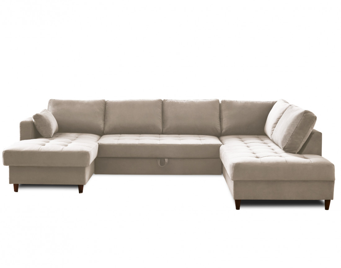 Canapé panoramique d'angle droit 7 places convertible avec coffre en velours Anna