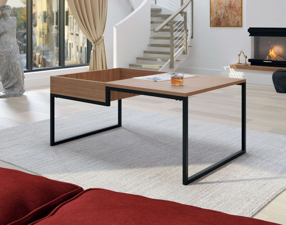 Tim – Table basse de style industriel en bois et avec un cadre en métal noir (105 x 66 cm)