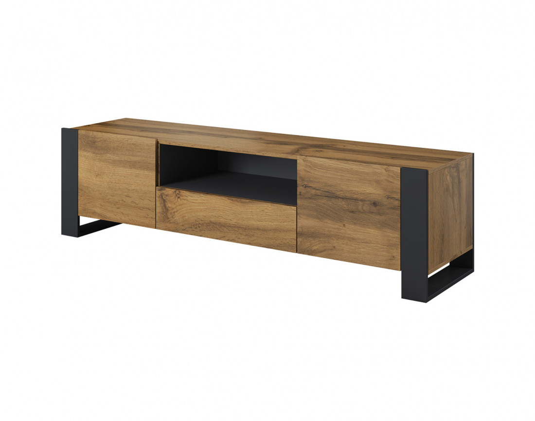 Willow – Meuble TV de style industriel avec deux armoires de rangement, un tiroir et une niche (dimensions totales de 180x48x43