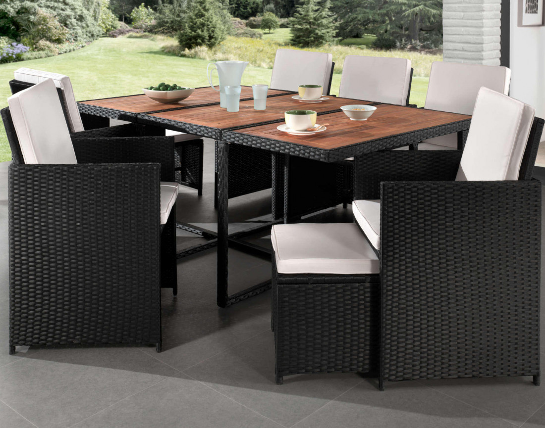 Salon de jardin encastrable 10 places - en résine tressée - Noir avec coussins beiges + housse de protection - Cuba