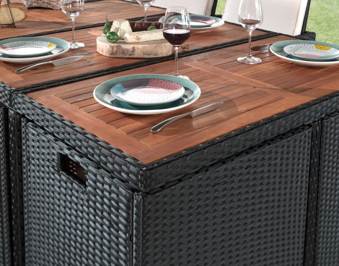 Salon de jardin encastrable 10 places - en résine tressée - Noir avec coussins beiges + housse de protection - Cuba