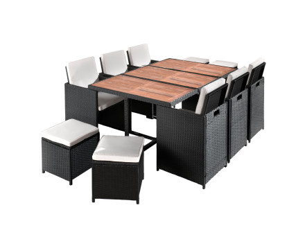 Salon de jardin encastrable 10 places - en résine tressée - Noir avec coussins beiges + housse de protection - Cuba