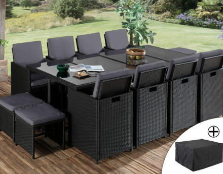 Fira - Salon de jardin encastrable 12 places - en résine tressée - Noir avec coussins gris + housse de protection