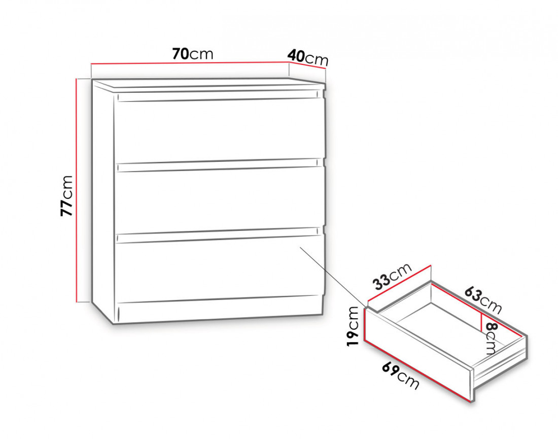Celia - Commode 3 tiroirs en bois - 70 cm - style contemporain