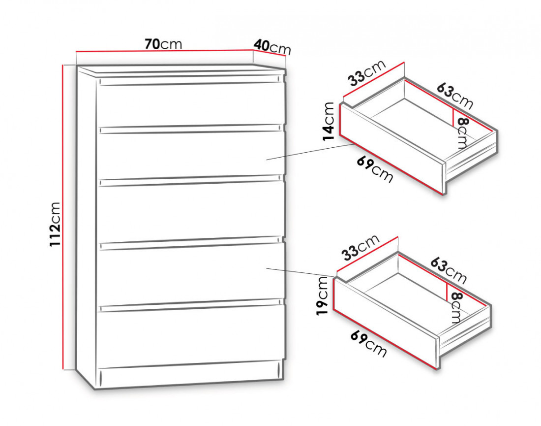 Celia - Commode 5 tiroirs en bois - 70 cm - style contemporain