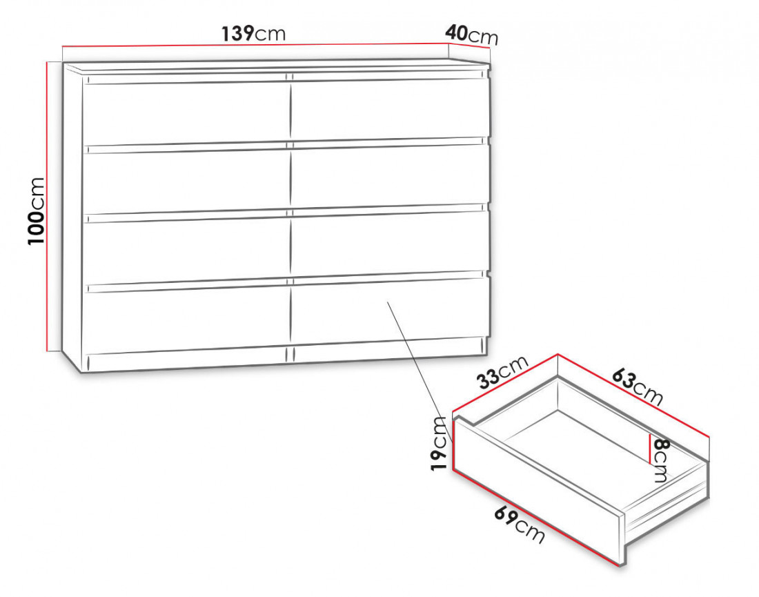 Celia - Commode 8 tiroirs en bois - 139 cm - style contemporain