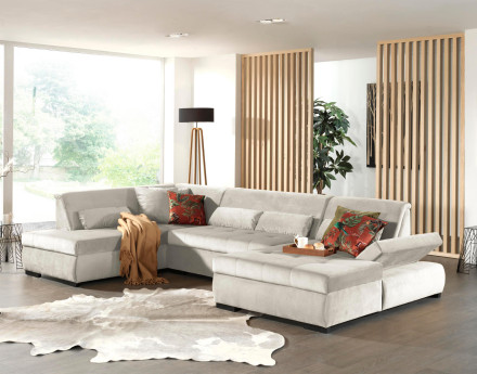 Canapé panoramique d'angle gauche 7 places XXL en velours Vermont