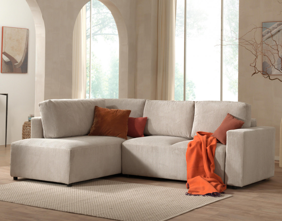 Canapé d'angle gauche 5 places convertible avec coffre en velours côtelé Livy