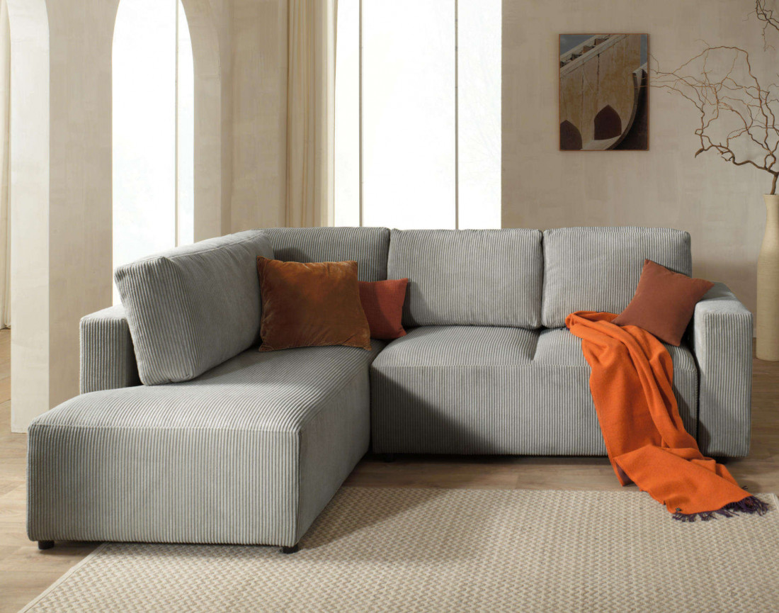 Canapé d'angle gauche 5 places convertible avec coffre en velours côtelé Livy