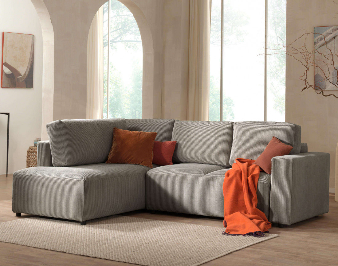 Canapé d'angle gauche 5 places convertible avec coffre en velours côtelé Livy
