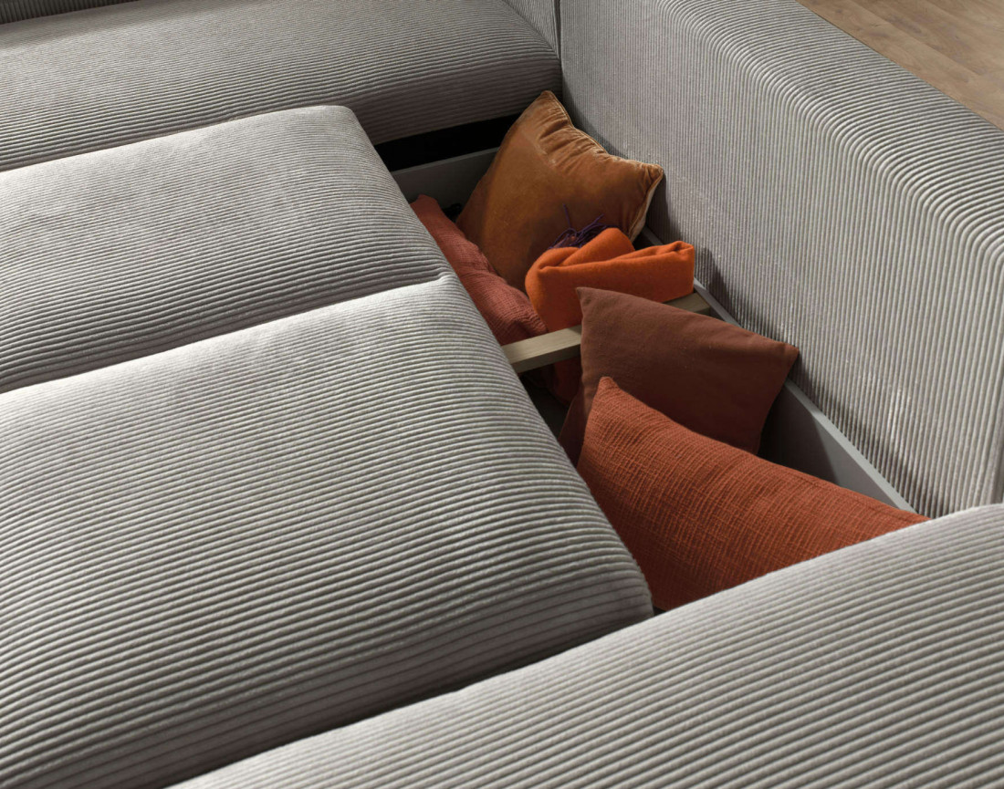 Canapé d'angle gauche 5 places convertible avec coffre en velours côtelé Livy