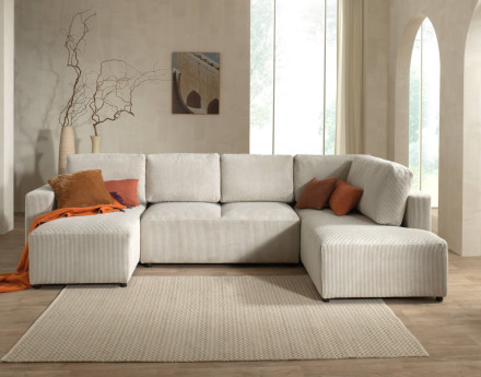 Canapé d'angle panoramique droit convertible avec coffre en velours côtelé Livy