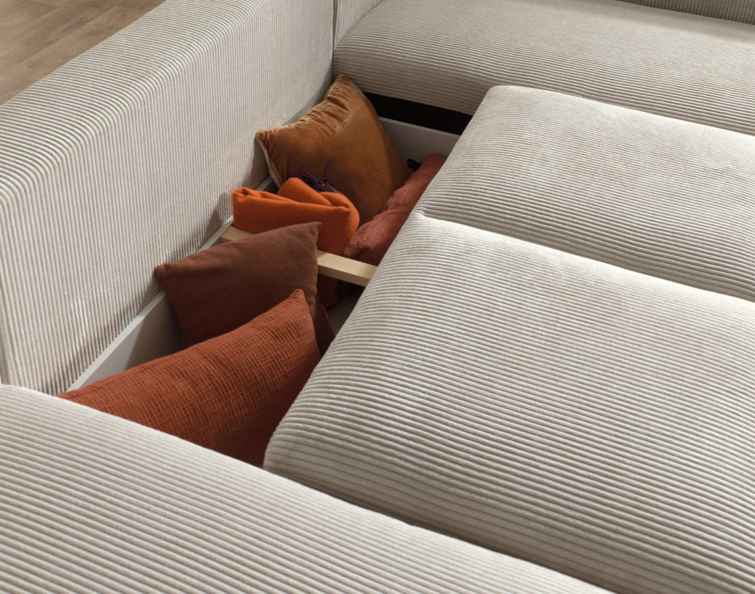 Canapé d'angle panoramique droit convertible avec coffre en velours côtelé Livy