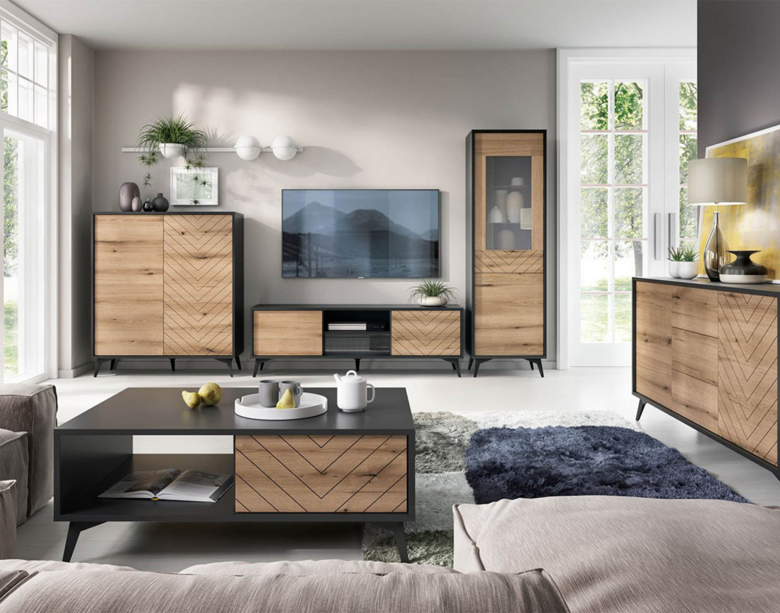 Peter - table basse bois et noir 2 tiroirs et 1 niche 104 cm