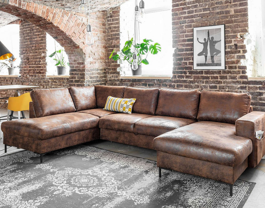 Canapé panoramique d'angle droit 7 places en microfibre