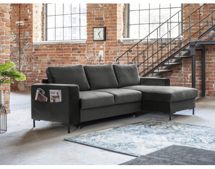 Canapé d'angle droit 4 places convertible avec coffre en velours