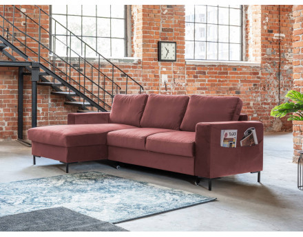Canapé d'angle gauche 4 places convertible avec coffre en velours Lilly