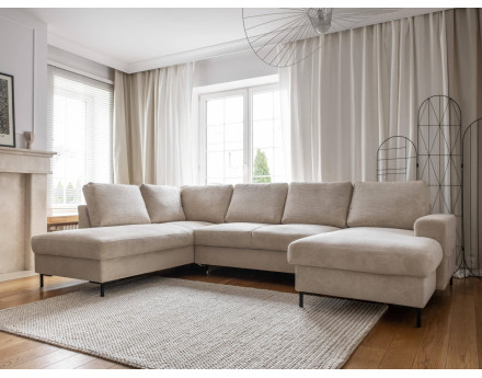 Canapé panoramique d'angle gauche 7 places convertible avec coffre en velours côtelé Lilly