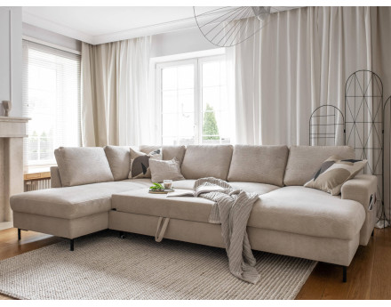 Canapé panoramique d'angle gauche 7 places convertible avec coffre en velours côtelé Lilly