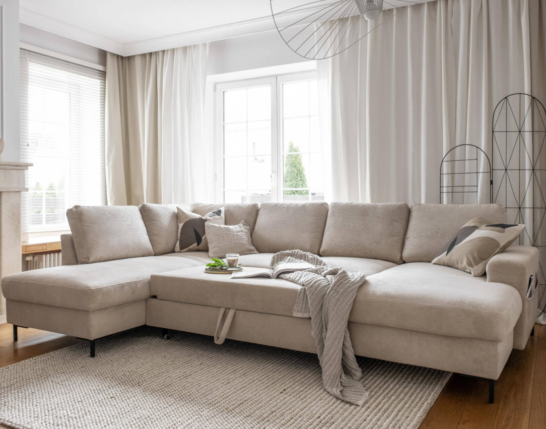 Canapé panoramique d'angle gauche 7 places convertible avec coffre en velours côtelé Lilly