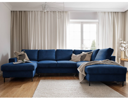 Canapé panoramique d'angle droit 7 places convertible avec coffre en velours côtelé Lilly