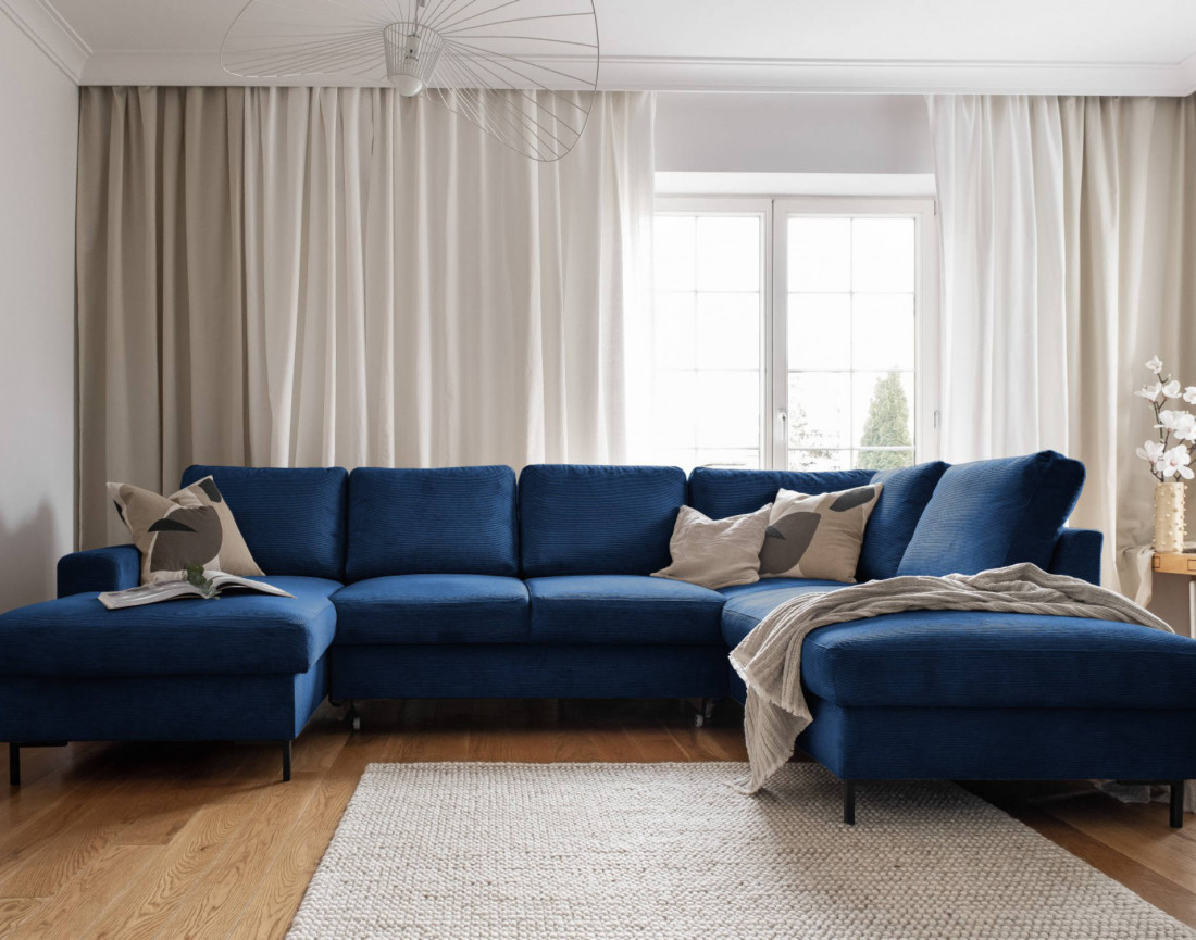 Canapé panoramique d'angle droit 7 places convertible avec coffre en velours côtelé Lilly