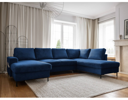 Canapé panoramique d'angle droit 7 places convertible avec coffre en velours côtelé Lilly