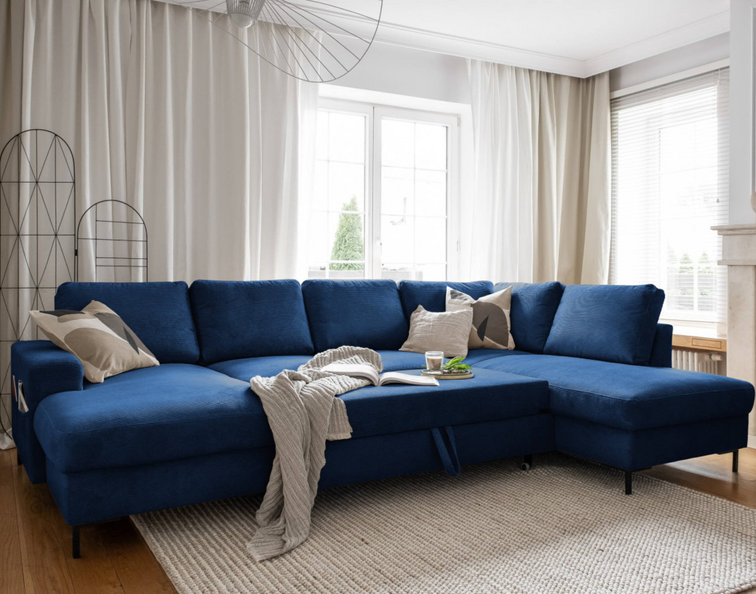 Canapé panoramique d'angle droit 7 places convertible avec coffre en velours côtelé Lilly