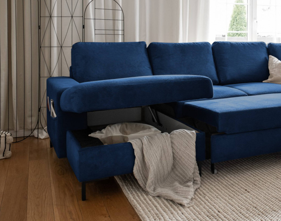 Canapé panoramique d'angle droit 7 places convertible avec coffre en velours côtelé Lilly