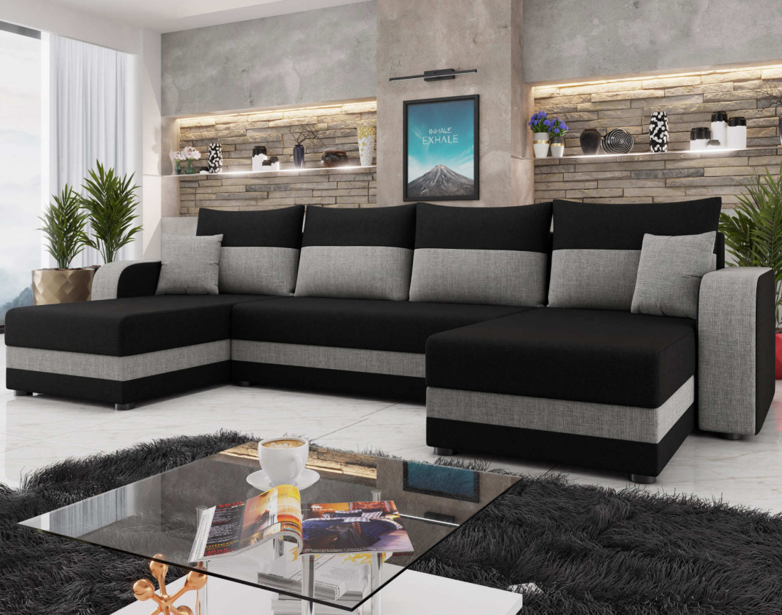 Harvey - canapé panoramique en U 7 places convertible avec coffre en tissu