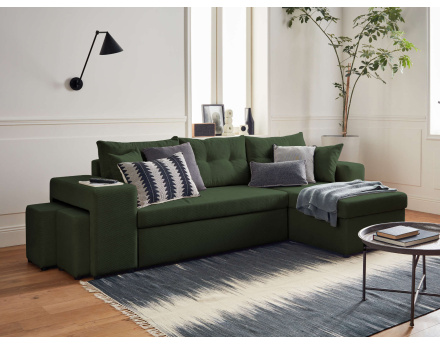 California - canapé d'angle réversible convertible 4 places avec poufs, coffre et tablette de rangement en velours côtelé