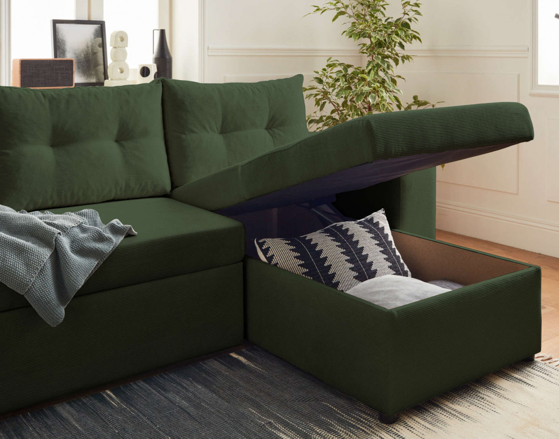 California - canapé d'angle réversible convertible 4 places avec poufs, coffre et tablette de rangement en velours côtelé