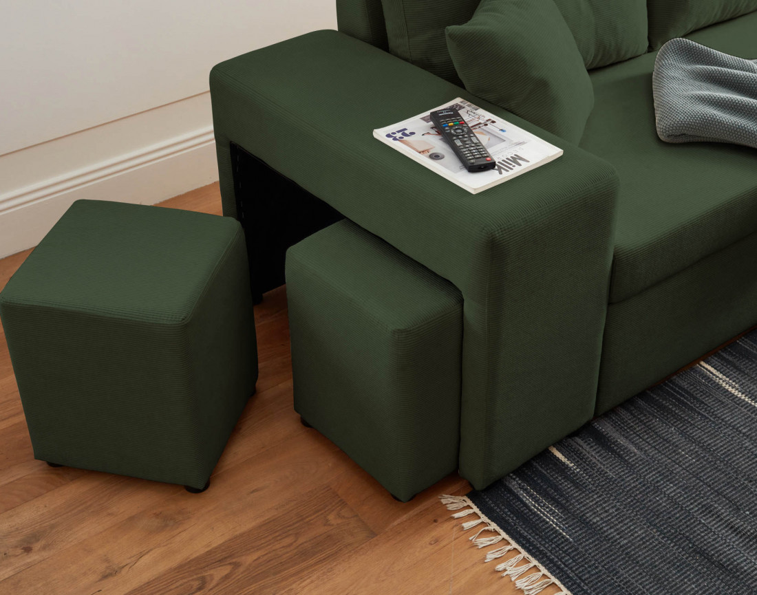 California - canapé d'angle réversible convertible 4 places avec poufs, coffre et tablette de rangement en velours côtelé