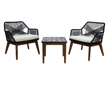 Izao - salon bas de jardin 2 places + table mosaïque - en corde noir et bois - coussins beiges