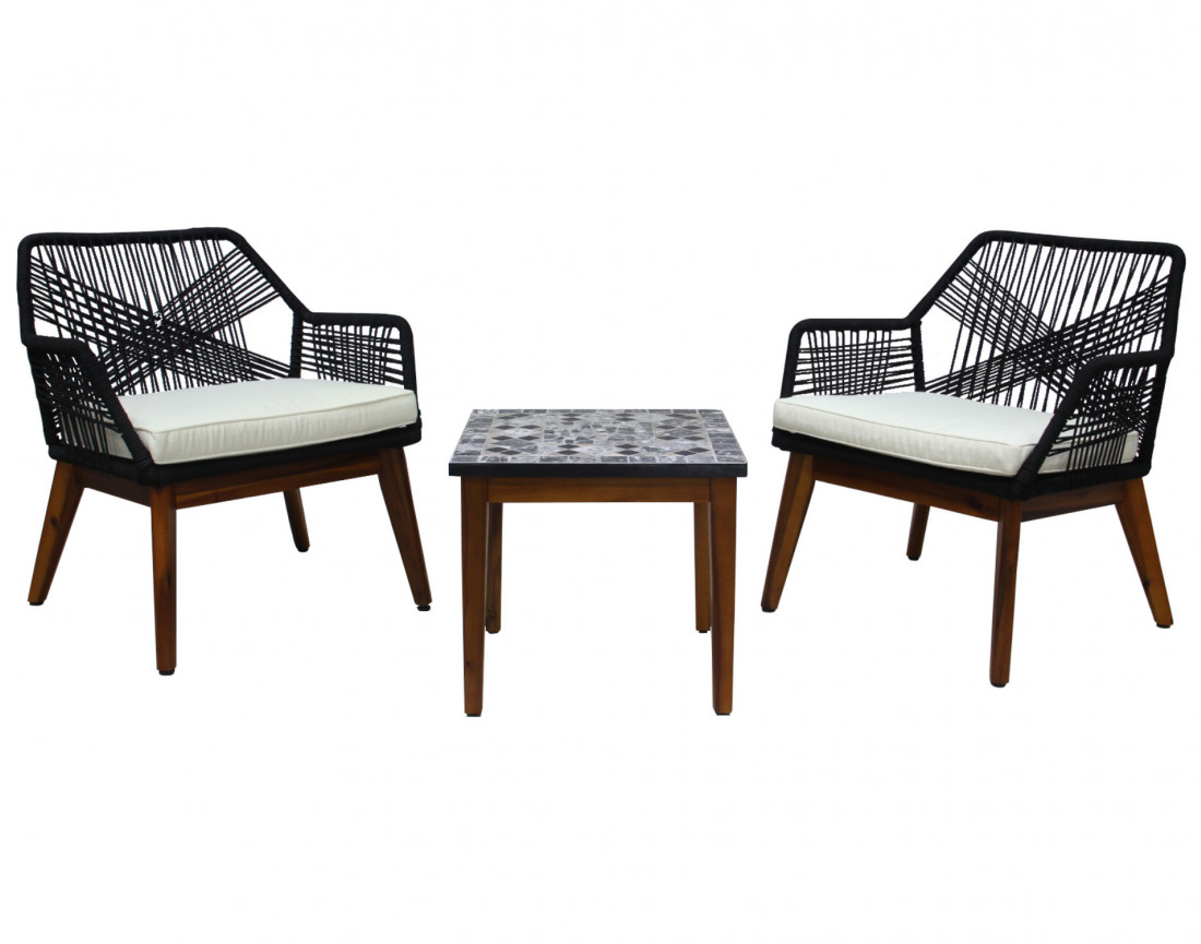 Izao - salon bas de jardin 2 places + table mosaïque - en corde noir et bois - coussins beiges