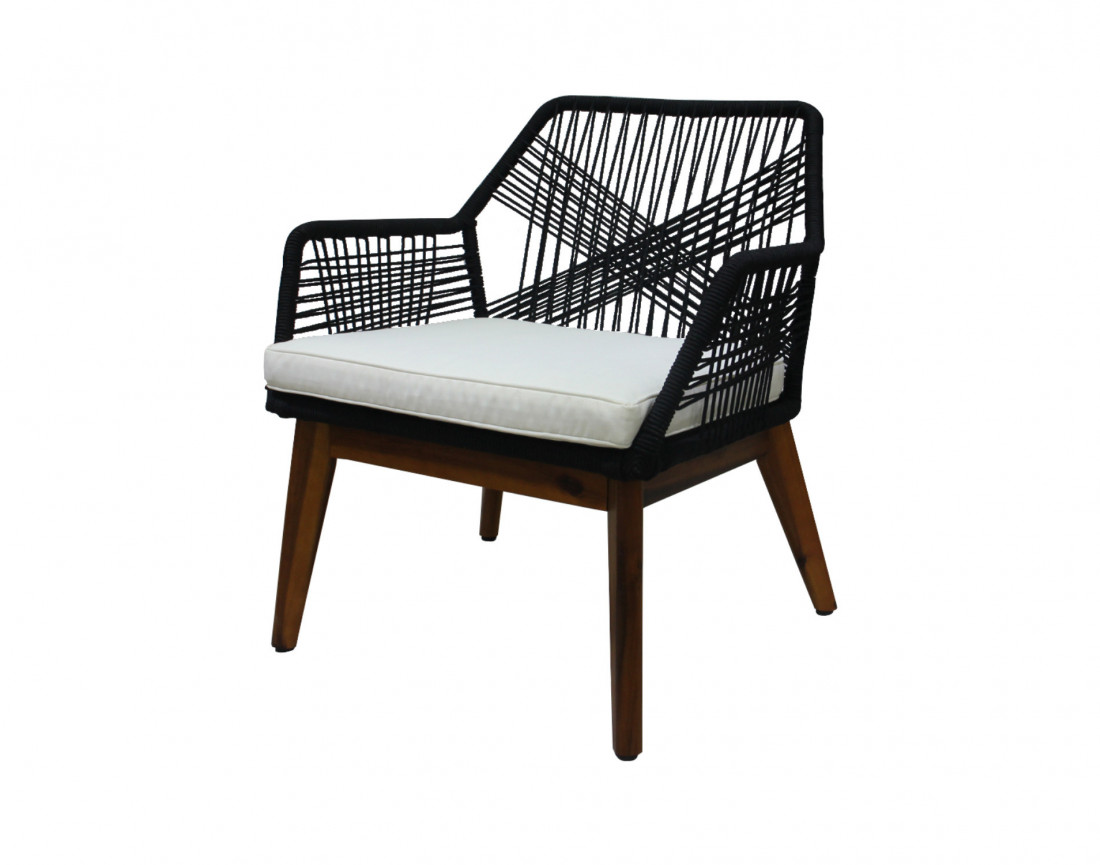 Izao - salon bas de jardin 2 places + table mosaïque - en corde noir et bois - coussins beiges