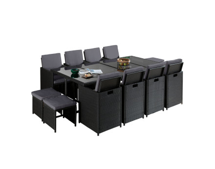 Fira - Salon de jardin encastrable 12 places - en résine tressée - Noir avec coussins gris + housse de protection