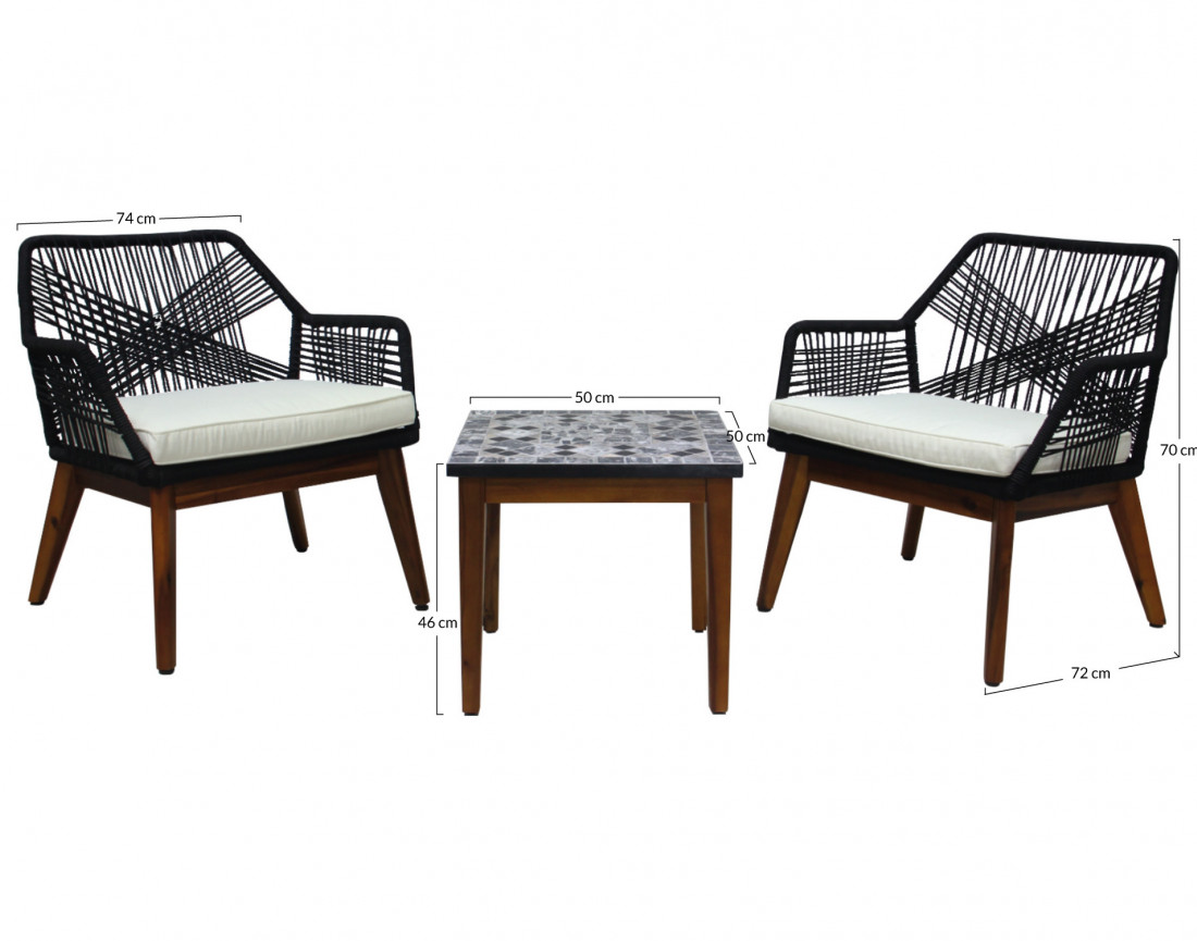 Izao - salon bas de jardin 2 places + table mosaïque - en corde noir et bois - coussins beiges