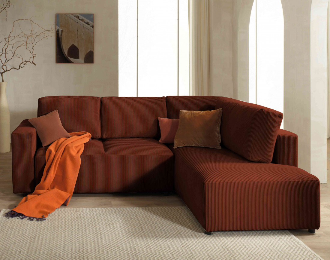 Canapé d'angle droit 5 places convertible avec coffre en velours côtelé Livy