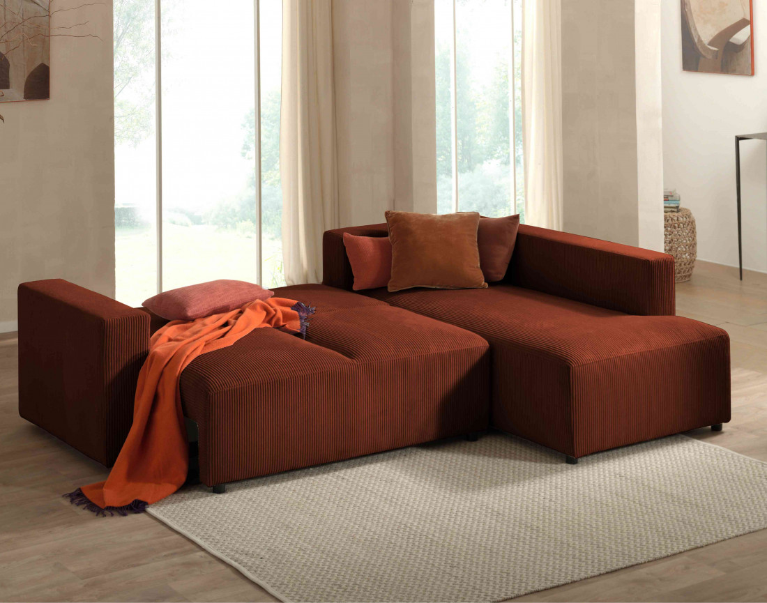 Canapé d'angle droit 5 places convertible avec coffre en velours côtelé Livy