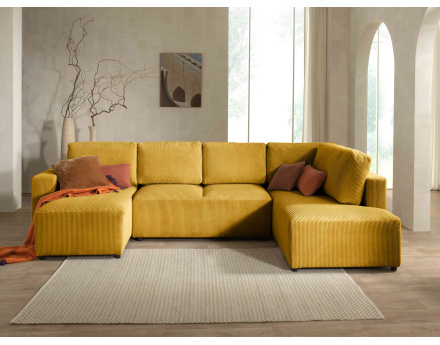 Canapé d'angle panoramique droit convertible avec coffre en velours côtelé Livy