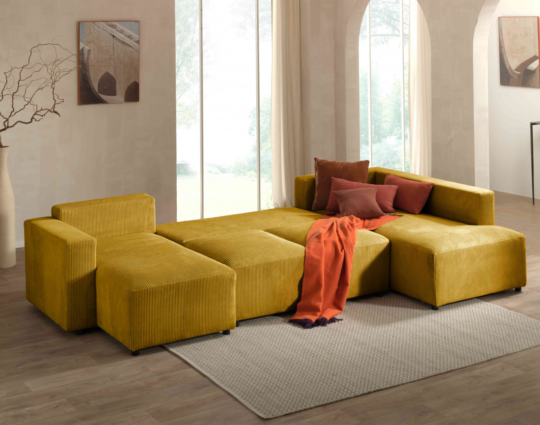 Canapé d'angle panoramique droit convertible avec coffre en velours côtelé Livy
