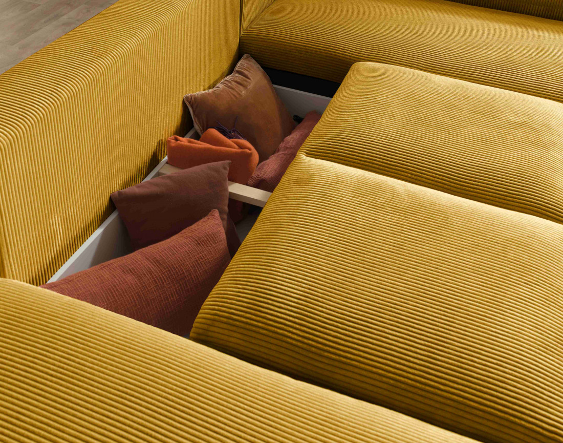 Canapé d'angle panoramique droit convertible avec coffre en velours côtelé Livy